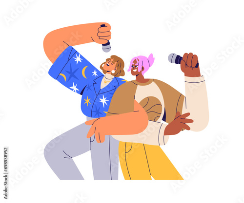 Girls singing song together in karaoke. Happy young women friends duet with microphones, mics, performing at party. Funny female singers. Flat graphic vector illustration isolated on white background