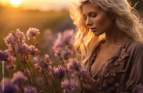 a beautiful woman walking among flowers at sunset