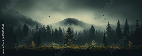 Evergreen forest foggy, Generative AI photo