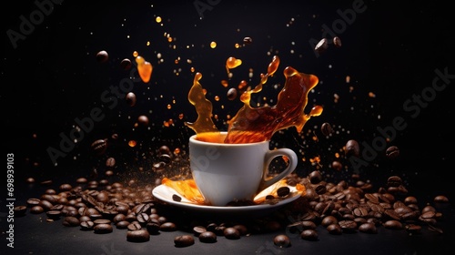 splash of coffee from the cup and coffee beans around it