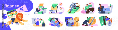 Financial transactions concept set. Business people planning budget, exchange currency, withdraw cash, count money on account, pay by card. Online banking. Flat isolated vector illustration on white