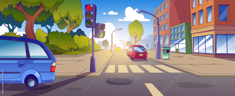 Cars drive along road in city center with high rise buildings and sidewalk, traffic lights and zebra pedestrian crossing. Cartoon vector illustration of urban summer landscape with vehicles on roadway - obrazy, fototapety, plakaty 