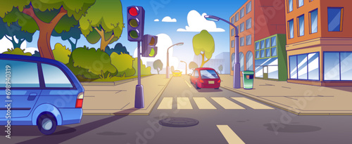 Cars drive along road in city center with high rise buildings and sidewalk, traffic lights and zebra pedestrian crossing. Cartoon vector illustration of urban summer landscape with vehicles on roadway