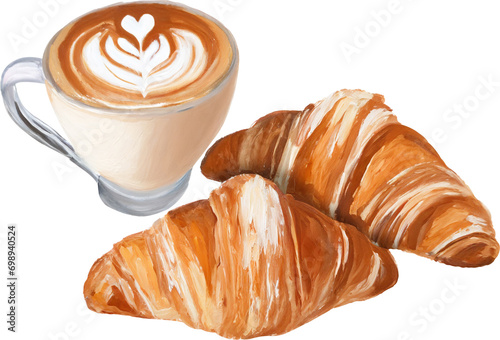 Fotografía Two croissants and a cup of cafe latte, acrylic painting