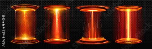 Futuristic light portals set isolated on transparent background. Vector realistic illustration of sci-fi game teleport with orange ray, hot smoke, shimmering particles, science laboratory platform