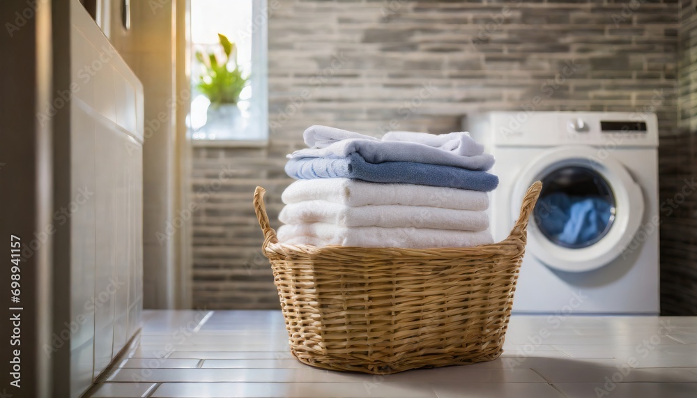 Washing machine and basket with towels in a laundry room Washing machine and basket with towels in a laundry room