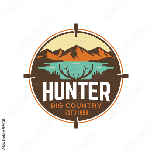 Vintage Rustic Badge Classic Hunting Logo Design With Mountains Lake and Deer Antler And scope Target
