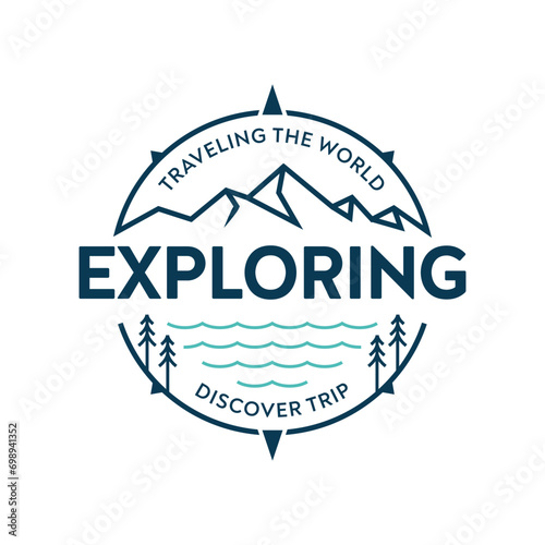 Line Art Minimalist Top Mountain and Compass, Lake, Pond, Tree, Plane Travel Outdoor Logo Design