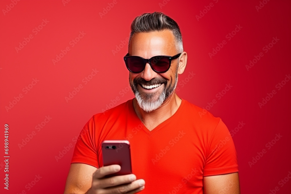 happy man wear casual clothes hold in hand use mobile isolated on red background happy man wear casual clothes hold in hand use mobile isolated on red background