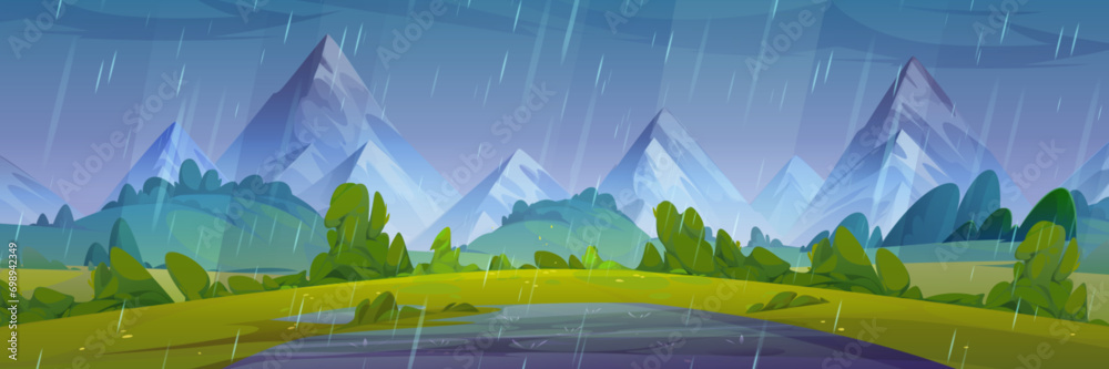 Summer rainy natural landscape with puddle on green grass of meadow in foot of high mountains. Cartoon vector panoramic country scenery with grassland near hills under rain falling from cloudy sky. - obrazy, fototapety, plakaty 