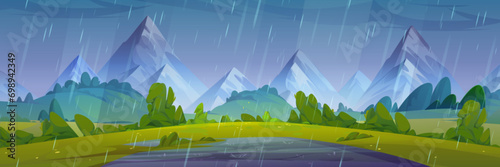 Summer rainy natural landscape with puddle on green grass of meadow in foot of high mountains. Cartoon vector panoramic country scenery with grassland near hills under rain falling from cloudy sky.