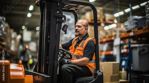 Canvas-taulu Man worker at forklift driver happy working in industry factory logistic ship