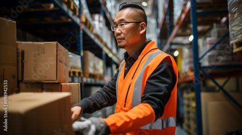 Handsome man professional worker wearing safety vest, Big warehouse with shelves full of stock