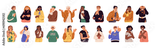 Diverse people with different emotions on face set. Funny characters with happy and sad facial expression. Various feelings gestures: laugh, crying, fear. Flat isolated vector illustration on white