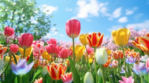 Beautiful tulip field aesthetic scenery background. Blooming Tulip garnden  Colorful flowers  Spring time