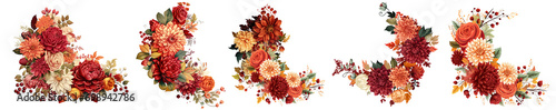 Fall floral skinny angular clipart of ranunculus, mums, roses, viburnum berries in a gouche style. Isolated on transparent background photo