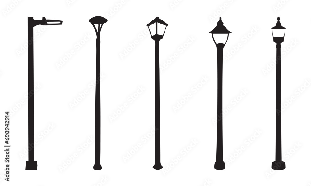 street light silhouettes or vectors black and white set - obrazy, fototapety, plakaty 