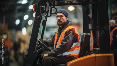 Man worker at forklift driver happy working in industry factory logistic ship. Man forklift driver in warehouse area. Forklift driver sitting in vehicle in warehouse