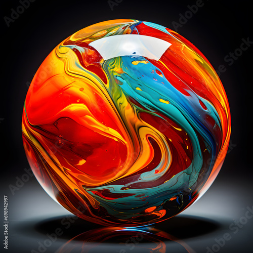 Colorful glass sphere with reflection on black background. 3D rendering