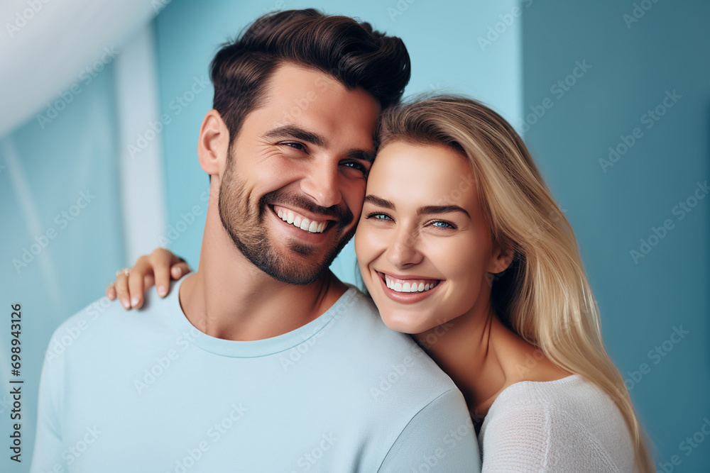 Young smiling happy couple isolated on blue background studio portrait. Young smiling happy couple isolated on blue background studio portrait.