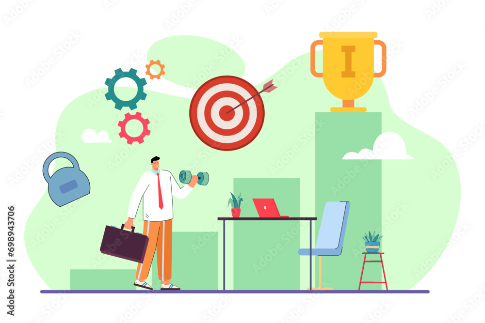 Man with dumbbell and briefcase climbing career ladder vector illustration. Target, Champion cup, kettlebell, office desk. Sport helping to achieve success at work. Balance between work and life
