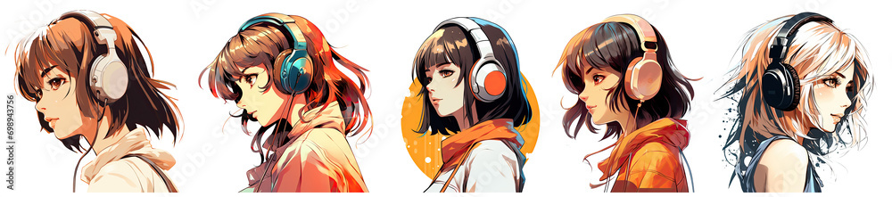 Lofi style. Beautiful manga girl wearing headphones Listening Hip hop. Profile picture. collection isolated on transparent background. Cartoon. Anime. - obrazy, fototapety, plakaty 