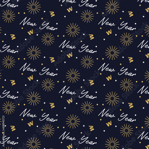 New year pattern with dark blue background  fireworks  ribbons.