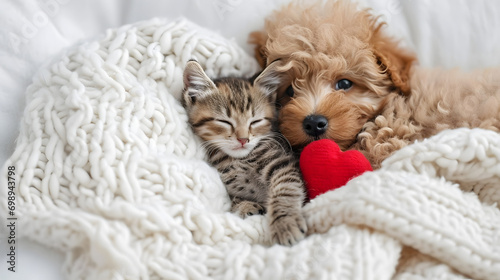Fényképezés Cute tiny Toy Poodle puppy hugs happy tabby kitten under white warm blanket on a bed at home