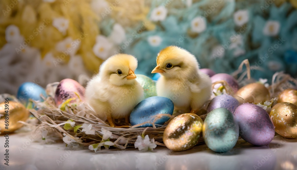 Easter background with Easter eggs, chicks and flowers Easter background with Easter eggs, chicks and flowers