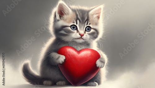 Kotek trzymający w łapkach czerwone serce. Tło walentynkowe