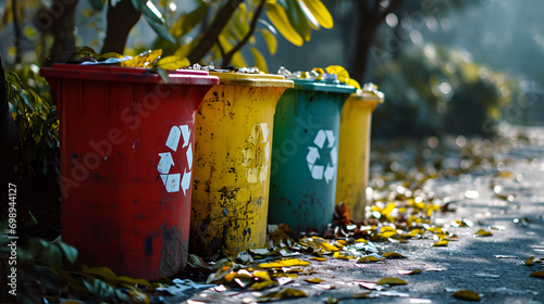 Yellow, green and red trash cans with recycling symbol. The concept of nature conservation and separate waste collection