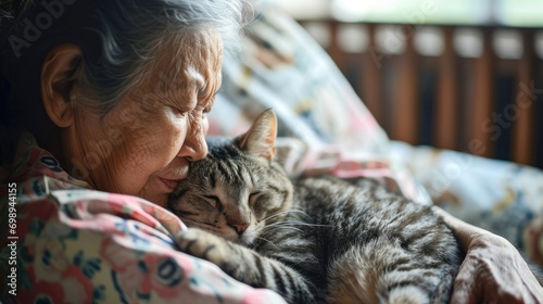 Portrait Older elderly with pet, An aged woman hugs her beloved cat