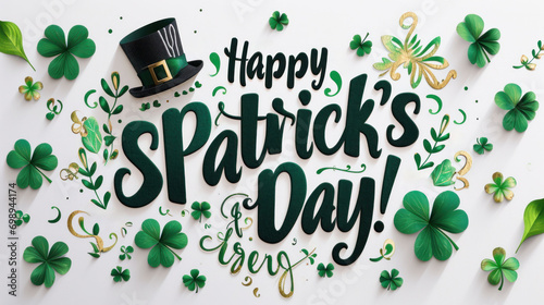 An elegant St. Patrick's Day greeting adorned with a black hat and green clovers offers a stylish way to celebrate this day of Irish pride and joy. photo