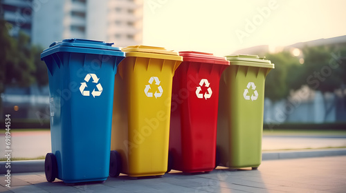 Yellow, green and red trash cans with recycling symbol. The concept of nature conservation and separate waste collection photo