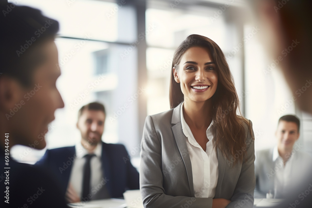a portrait of happy young business woman in office a portrait of happy young business woman in office