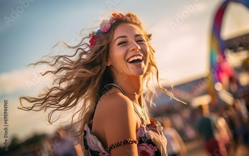 Beautiful young woman having fun at music festival on a sunny day. AI Generative