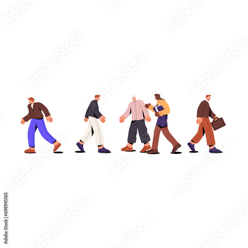 People go to work  carrying briefcase  hold folder. Office workers crowd walking  strolling sideview. Business employees communicate  converse. Flat isolated vector illustration on white background