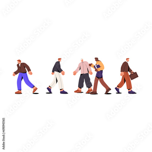 People go to work, carrying briefcase, hold folder. Office workers crowd walking, strolling sideview. Business employees communicate, converse. Flat isolated vector illustration on white background
