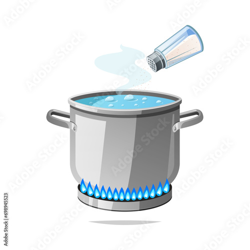 Pouring salt into soup on a gas stove vector isolated on white background.