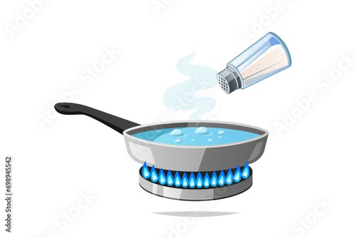 Pouring salt into soup on a gas stove vector isolated on white background.