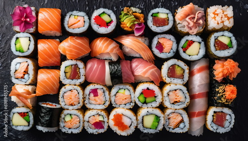 Assorted Sushi and Rolls on Dark Background