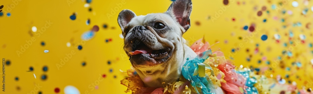 Cute dog wearing colorful clothes dancing on yellow background. Banner - obrazy, fototapety, plakaty 