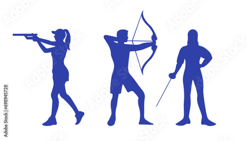 Silhouettes of Olympic sports. archery, shooting and fencing