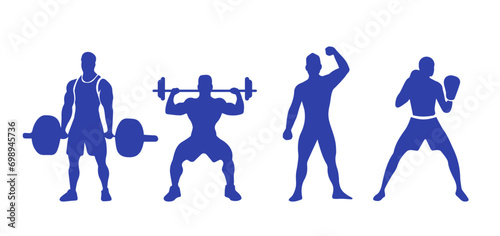 Men's silhouettes doing sports. Bodybuilder. Boxer. Winner pose