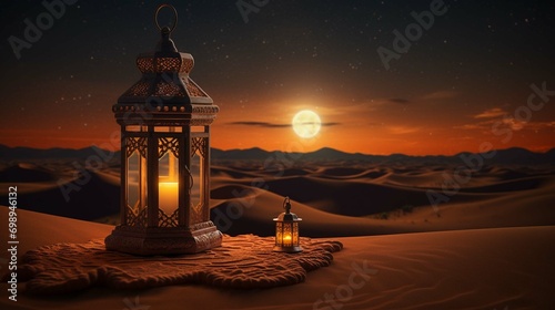 Arabia sahara lantern and moon setup for greeting ramadan or eid mubarak cards 