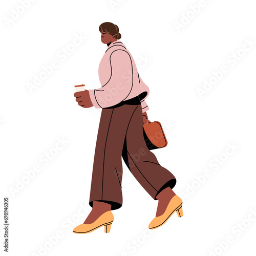 People go to work side view. Busy woman walking, carrying briefcase. Business worker holds coffee paper cup. Employee in formal office outfit. Flat isolated vector illustration on white background