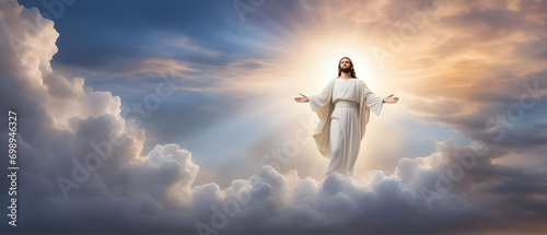 Fototapeta Naklejka Na Ścianę i Meble -  The resurrected Jesus Christ ascending to heaven above the bright light sky and clouds and God, Heaven and Second Coming concept