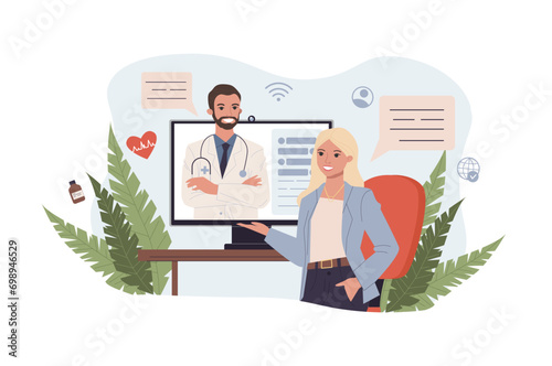 Young woman getting online consultation vector illustration. Doctor in computer monitor, pills, heart rate, message bubbles. Telemedicine consultation, modern technology in medicine concept