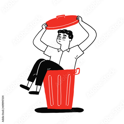 Young man is sitting in the trash can.