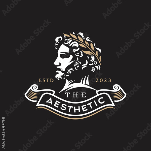 Greek emperor logo. god head wearing laurel wreath statue icon logo design Illustration vector in trendy minimal and simple line style. Ancient Greek Figure Face Head Statue Sculpture.